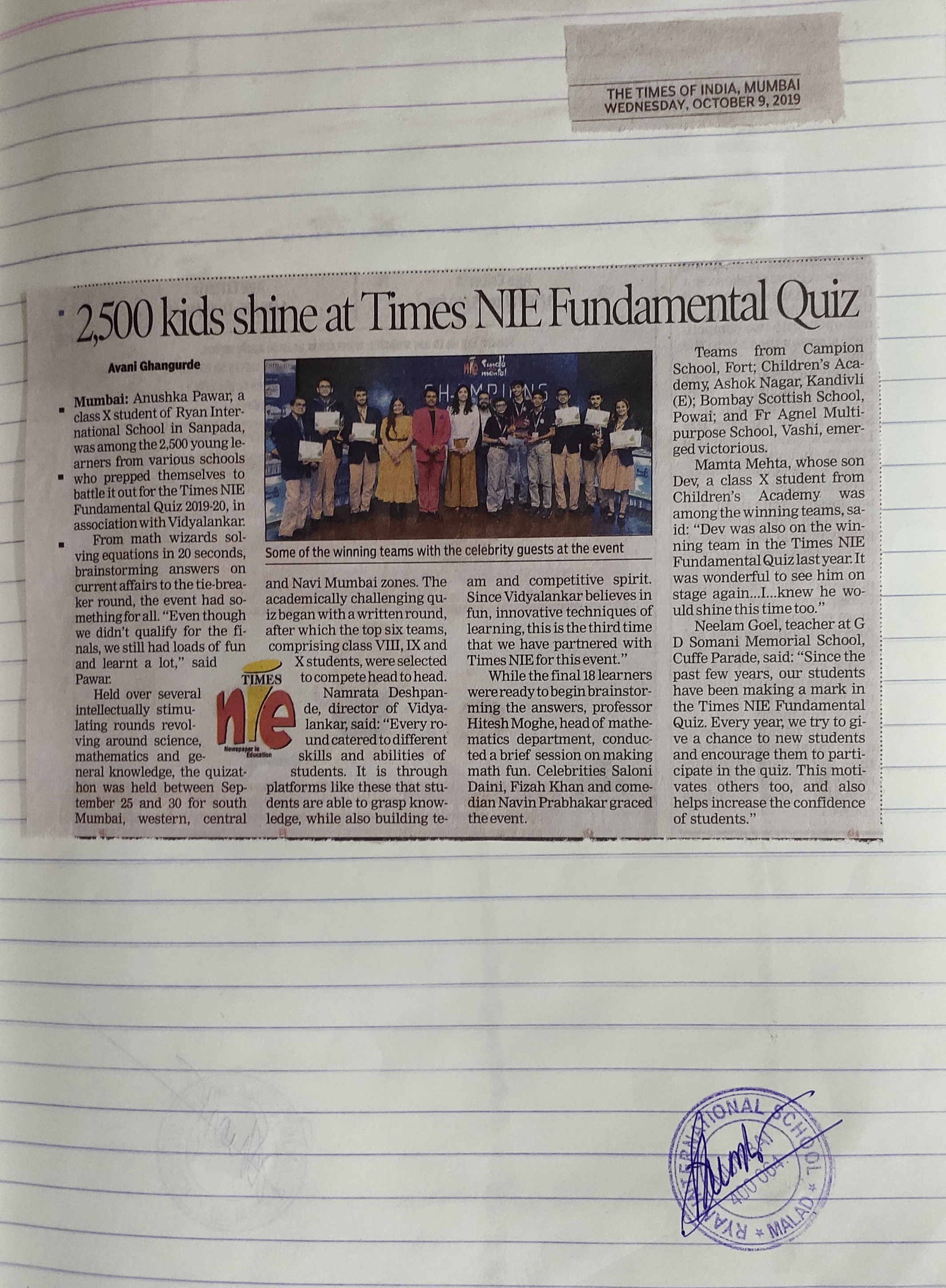 An article under the name “Times NIE Fundamental Quiz” was published in the Times of India